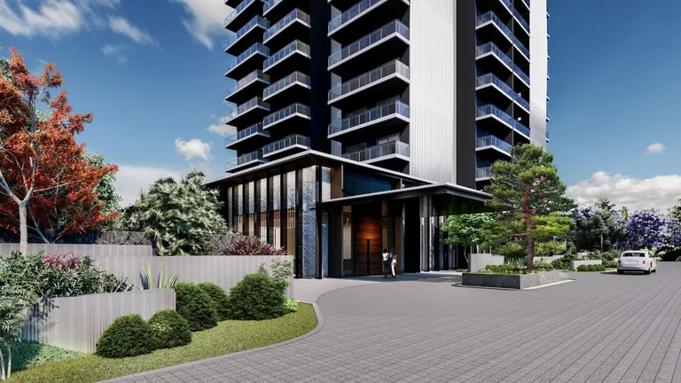 Krisumi Waterfall Suites tower drop-off with Japanese landscaping, artist's impression