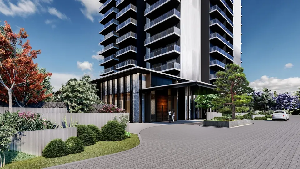 Krisumi Waterfall Suites tower drop-off with Japanese landscaping, artist's impression