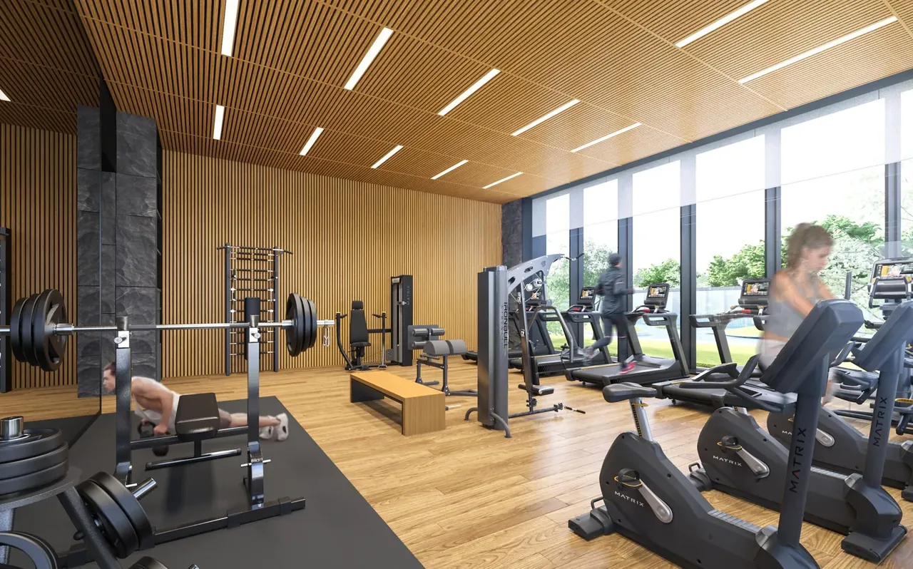 Krisumi Waterfall Suites gymnasium with timber ceiling slats, artist's impression