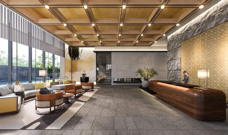 Krisumi Waterfall Suites entrance lobby with coffered ceiling and reception, artist's impression