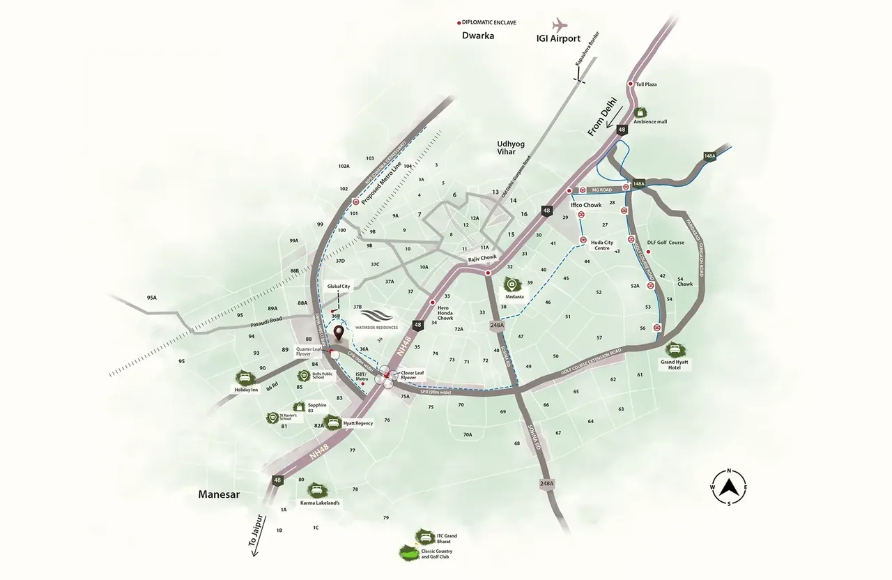 Krisumi Waterside Residences location map, Sector 36A near NPR, CPR and NH-48
