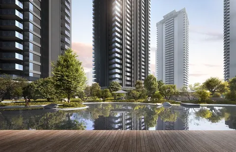 Krisumi Waterside Residences landscaped lake reflecting the towers, artist's impression