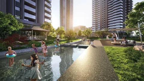 Krisumi Waterside Residences kids' stream with shaded seating pavilion, artist's impression