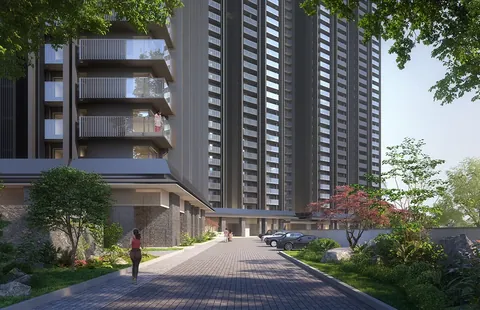 Krisumi Waterside Residences internal ring road lined with trees between towers, artist's impression