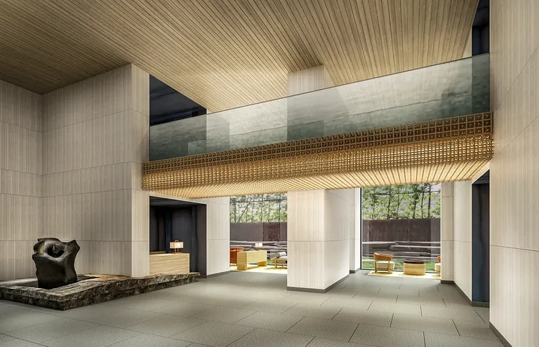 Krisumi Waterside Residences double-height residents' lounge with stone sculpture, artist's impression
