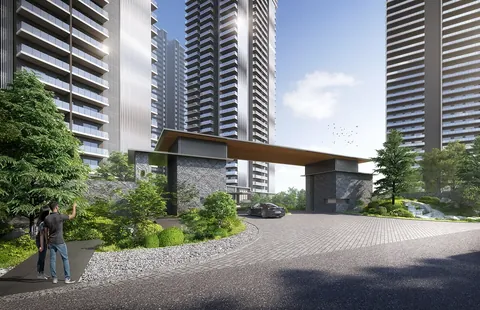 Krisumi Waterside Residences entrance gate with Japanese-style gatehouse and pine planting, artist's impression