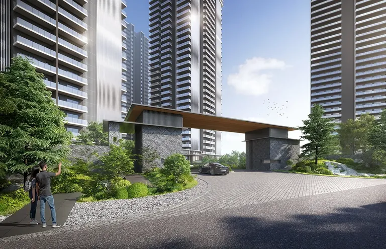 Krisumi Waterside Residences entrance gate with Japanese-style gatehouse and pine planting, artist's impression