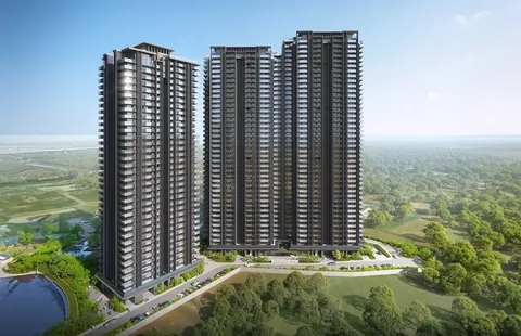 Krisumi Waterside Residences three towers beside the green belt, aerial view, artist's impression