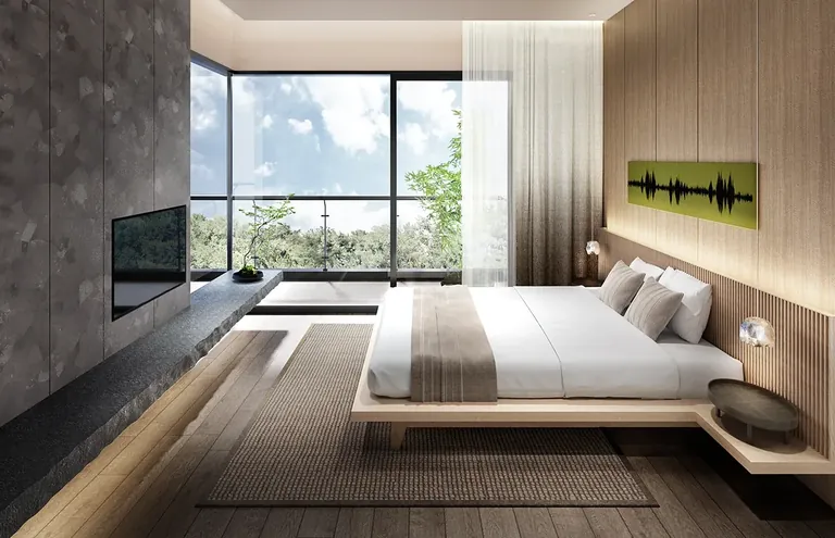 Krisumi Waterside Residences sample master bedroom with full-height glazing, artist's impression