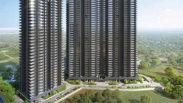 Krisumi Waterside Residences three dark-glass towers over the greens, artist's impression