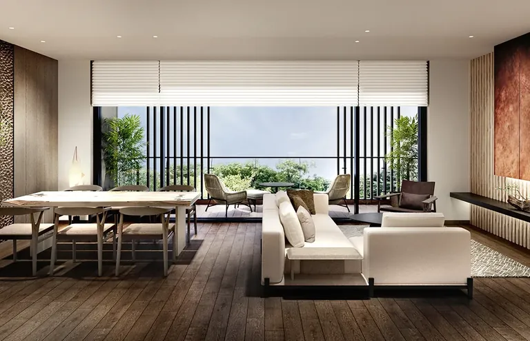 Krisumi Waterside Residences sample living and dining room with timber screen, artist's impression
