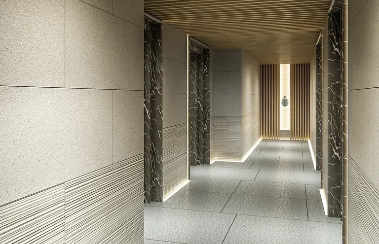 Krisumi Waterside Residences tower elevator lobby in stone and timber, artist's impression