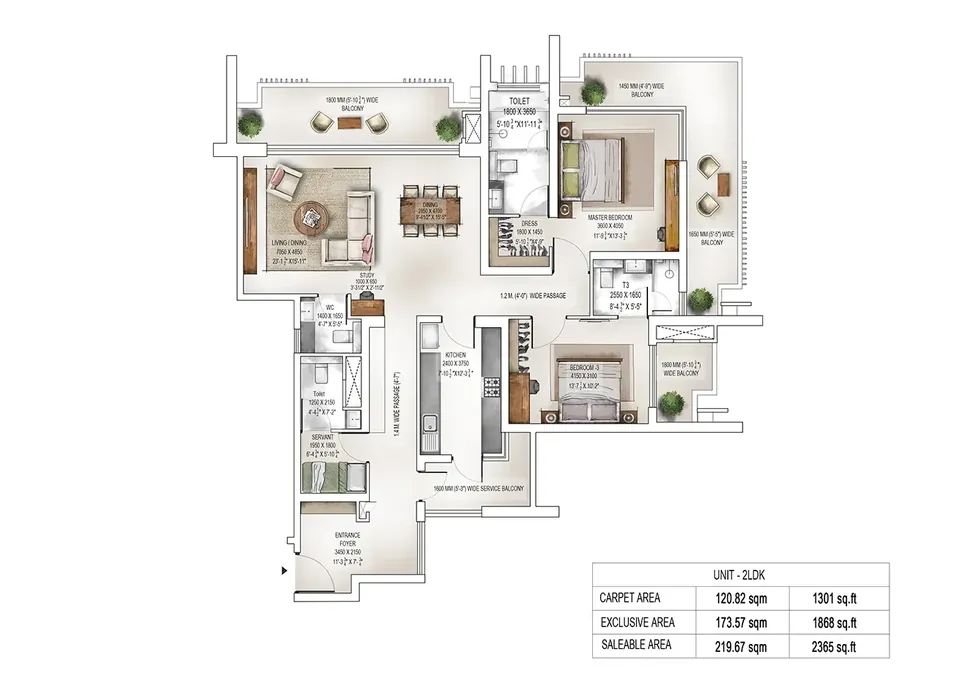 Krisumi Waterside Residences 2 BHK (2LDK, Tower 1) floor plan, 2,365 sq ft saleable area