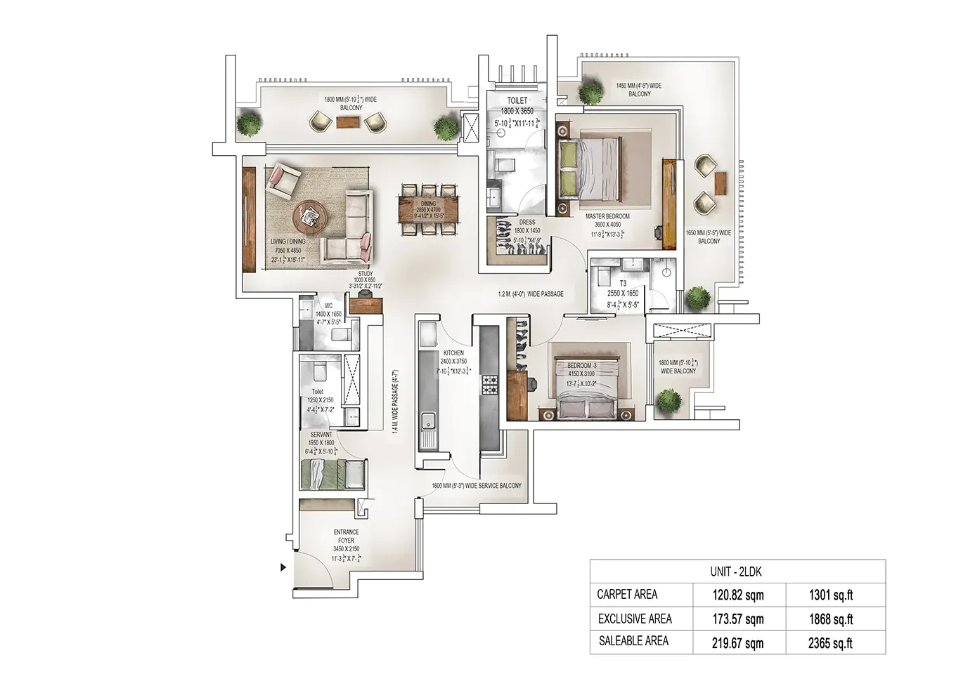 Krisumi Waterside Residences 2 BHK (2LDK, Tower 1) floor plan, 2,365 sq ft saleable area