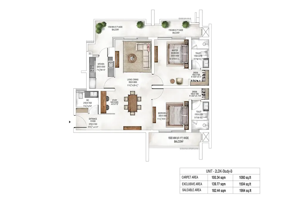 Krisumi Waterside Residences 2 BHK + study (B) floor plan, 1,964 sq ft saleable area