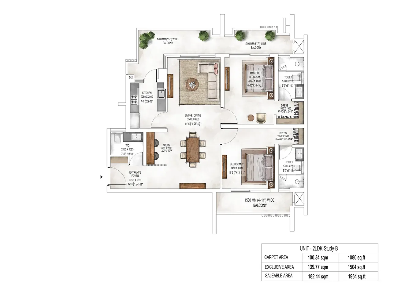 Krisumi Waterside Residences 2 BHK + study (B) floor plan, 1,964 sq ft saleable area