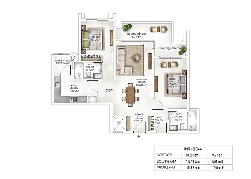 Krisumi Waterside Residences 2 BHK (2LDK-A, Towers 2 and 3) floor plan, 1,740 sq ft saleable area