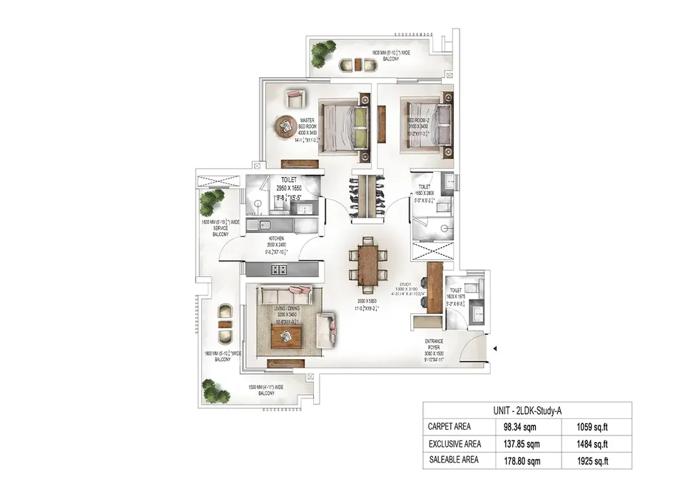 Krisumi Waterside Residences 2 BHK + study (A) floor plan, 1,925 sq ft saleable area