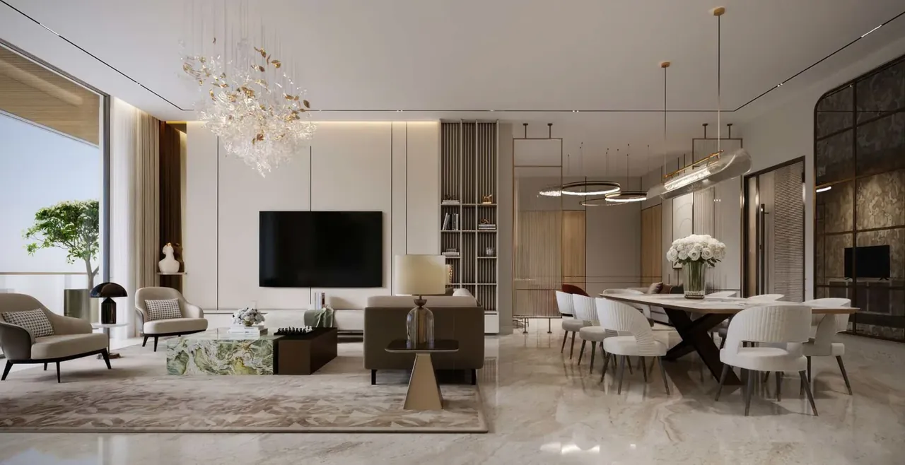 Landmark Skyvue apartment living and dining area with marble flooring, artist's impression