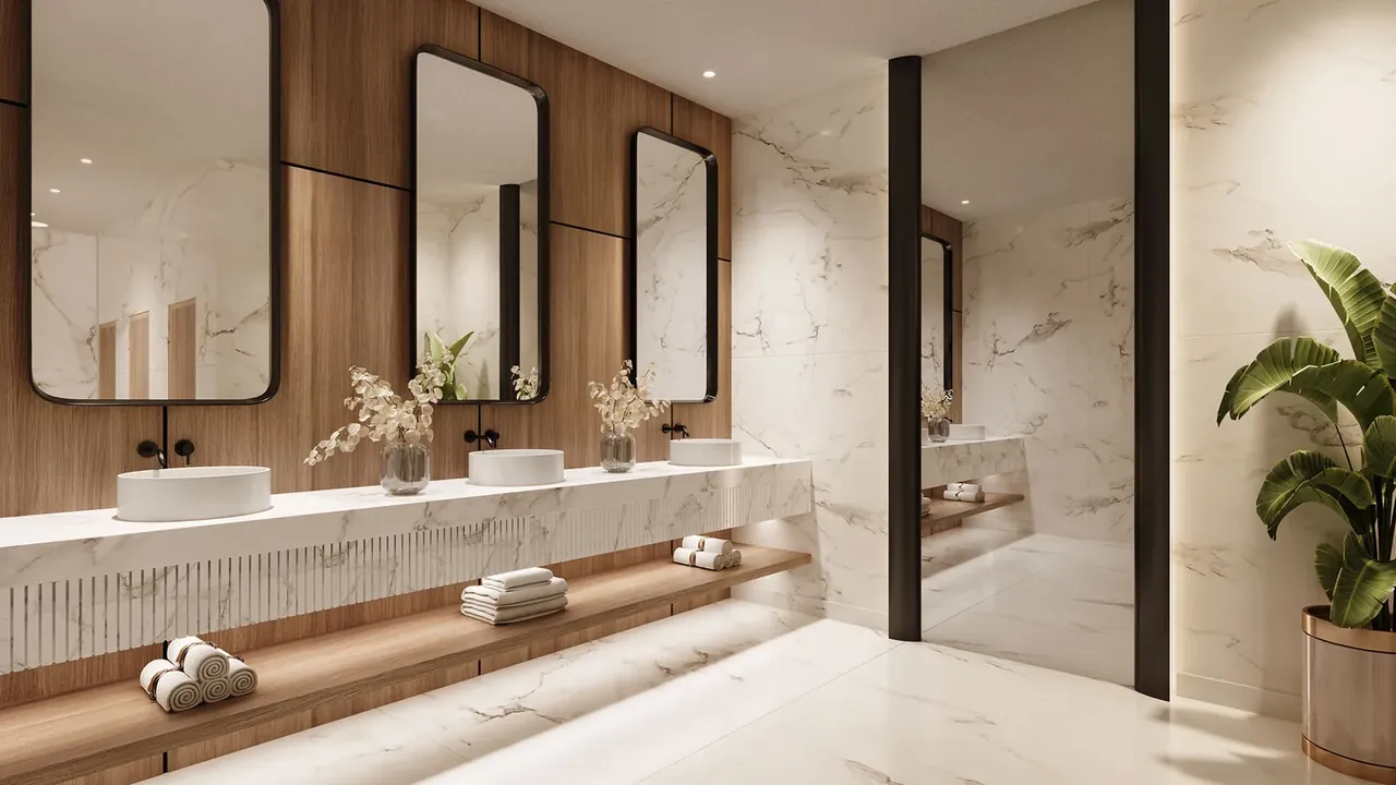Landmark Skyvue bathroom with twin vanity and marble walls, artist's impression