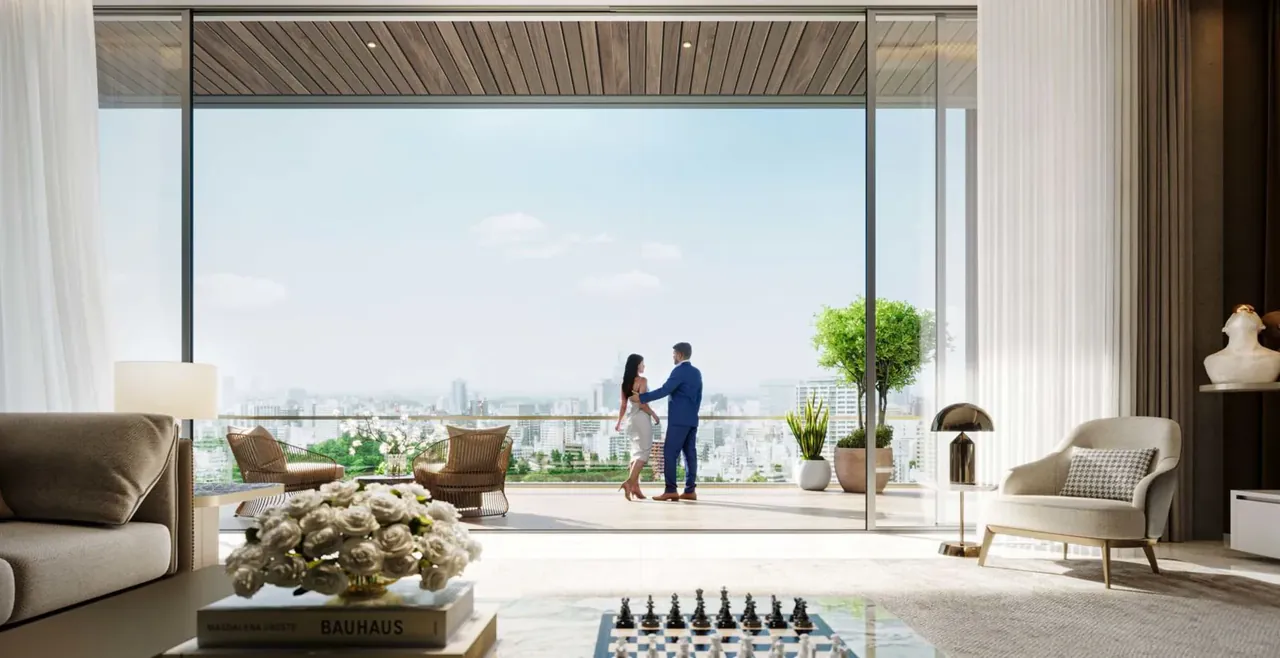 Landmark Skyvue living room opening onto a wide balcony with city views, artist's impression