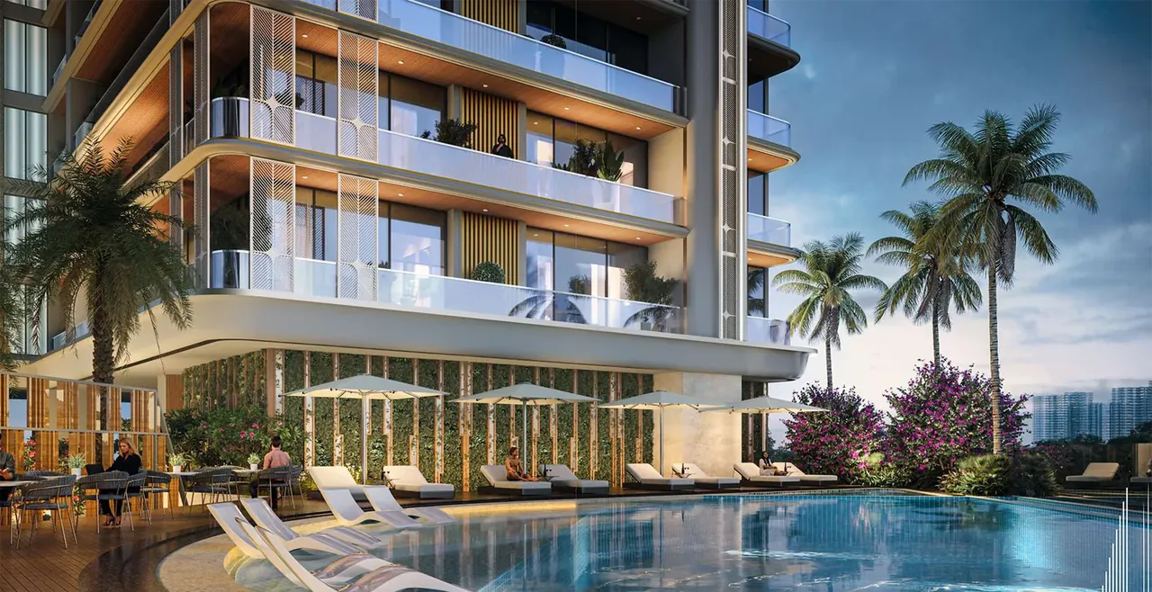 Landmark Skyvue podium pool deck with palms below the tower, artist's impression