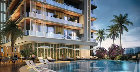 Landmark Skyvue podium pool deck with palms below the tower, artist's impression
