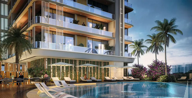 Landmark Skyvue podium pool deck with palms below the tower, artist's impression