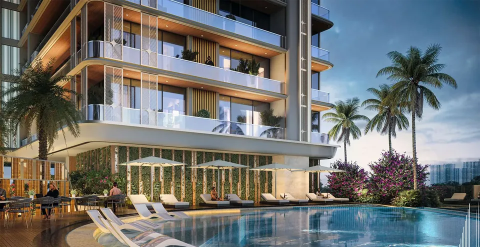 Landmark Skyvue podium pool deck with palms below the tower, artist's impression