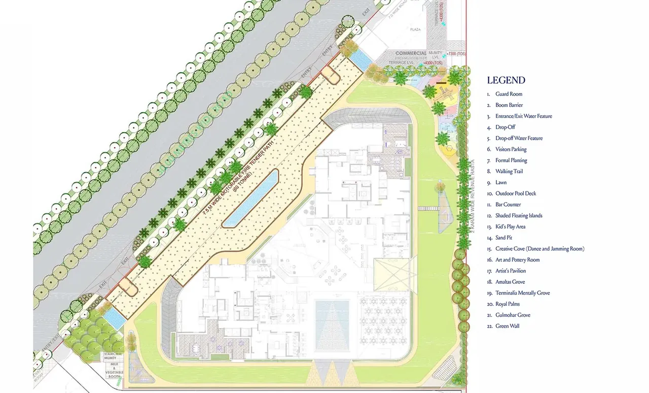 Landmark Skyvue site plan: entrance drop-off, pool deck, lawns and 21-point landscape legend