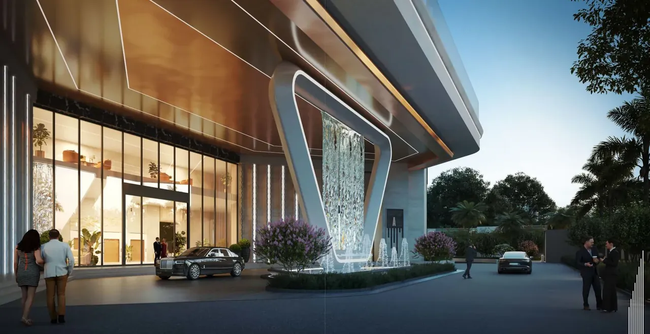 Landmark Skyvue triple-height entrance lobby and drop-off with water feature, artist's impression