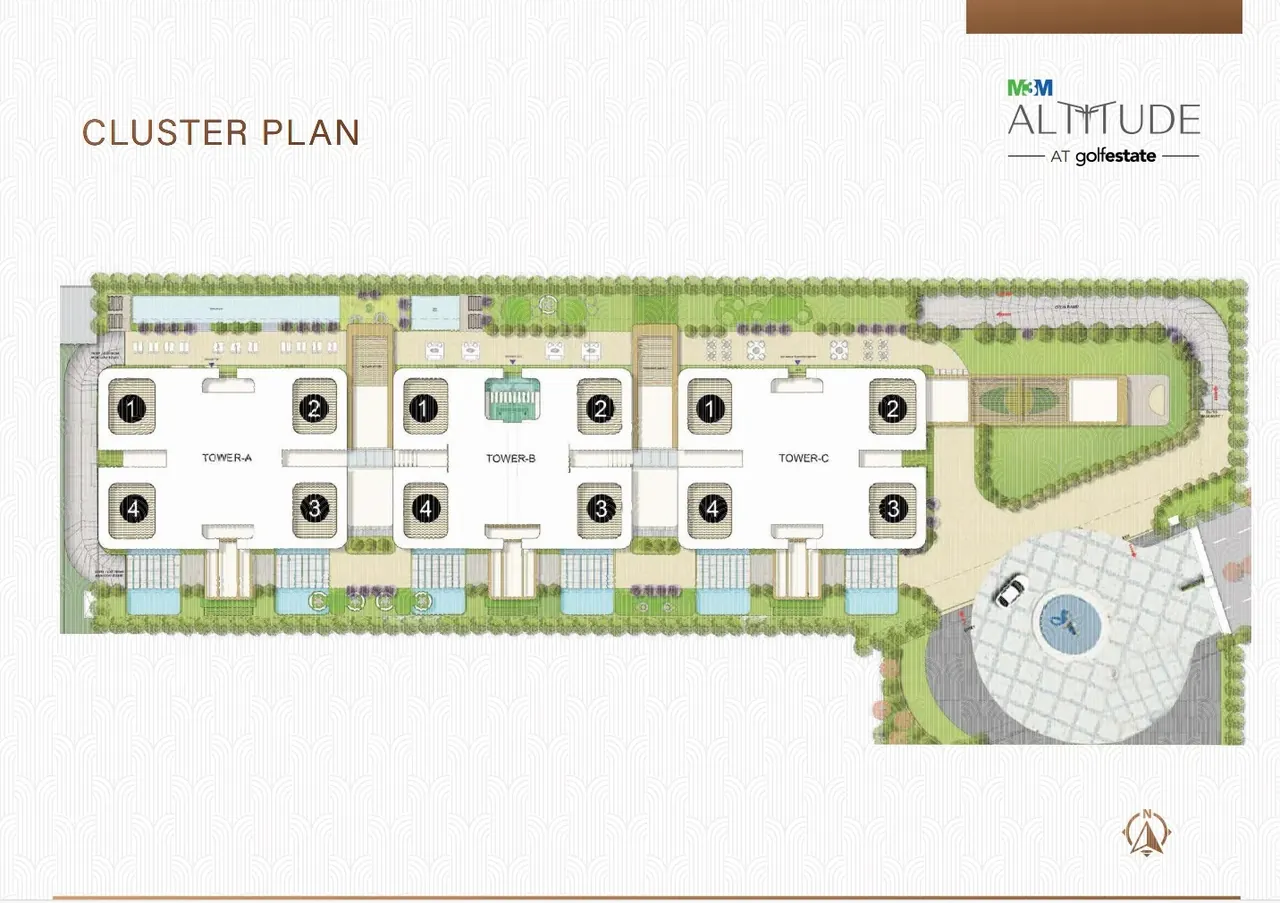 M3M Altitude cluster plan showing the tower layout, drop-off and landscaped deck