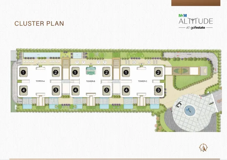 M3M Altitude cluster plan showing the tower layout, drop-off and landscaped deck