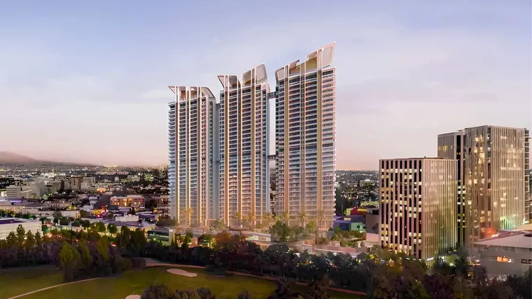 M3M Altitude three towers rising over the golf greens at dusk, artist's impression
