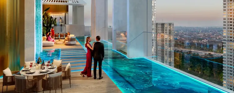 M3M Altitude high-level club terrace beside a glass-edged water lagoon, artist's impression