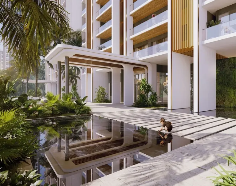 M3M Altitude tower entrance canopy with stepping stones over a reflecting pool, artist's impression
