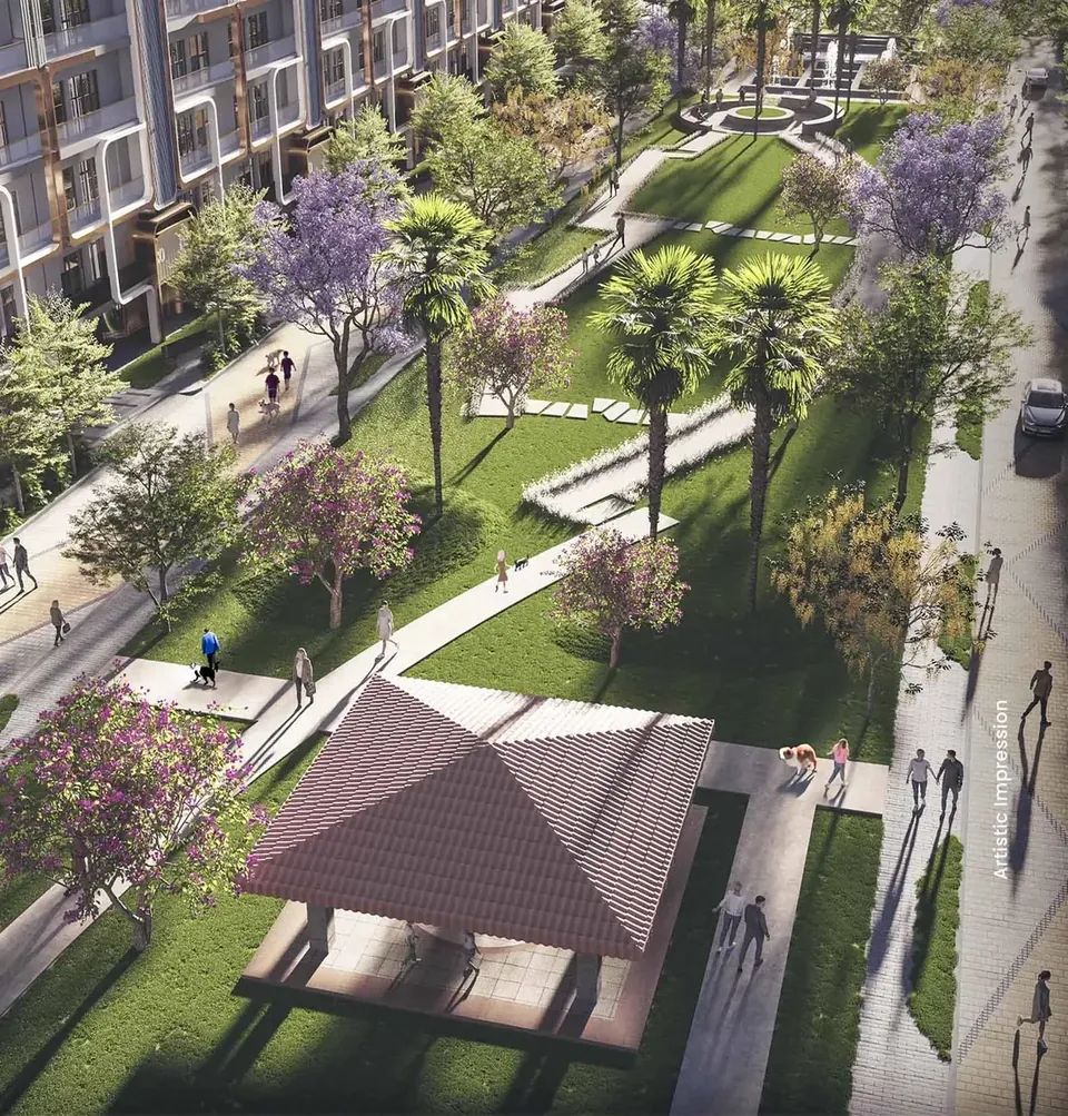 M3M Antalya Hills aerial view of landscaped greens and pavilion, artist's impression