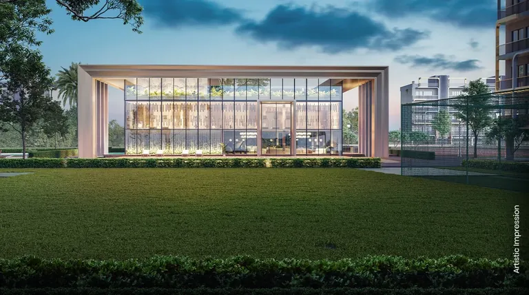 M3M Antalya Hills clubhouse facing a landscaped lawn, artist's impression