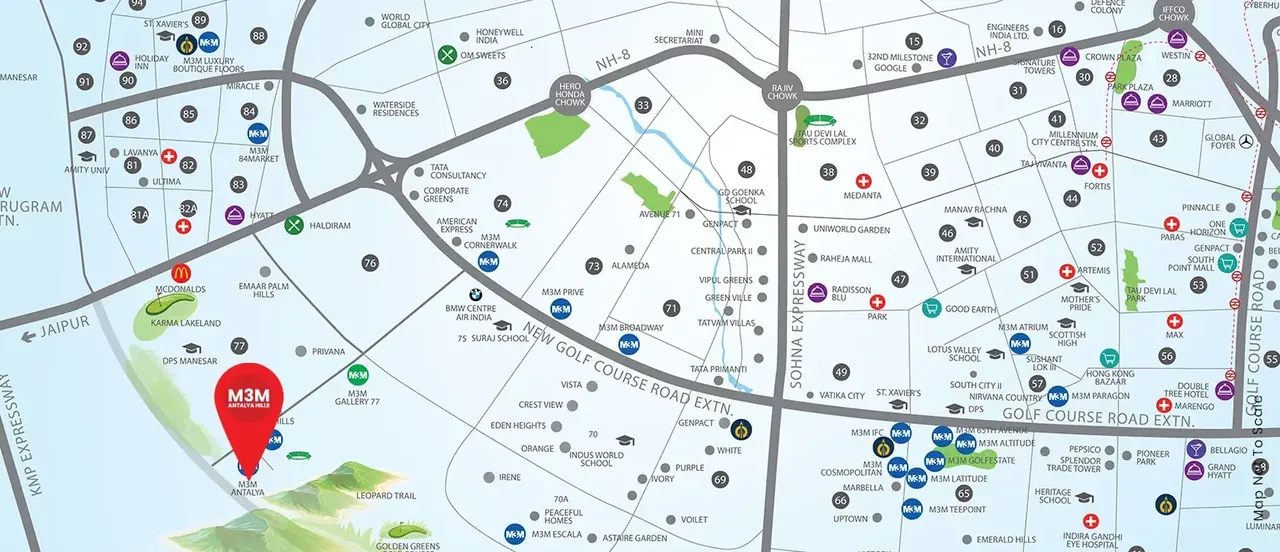 M3M Antalya Hills location map, Sector 79 Gurugram