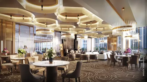 M3M Capital clubhouse banquet hall with chandeliers, artist's impression