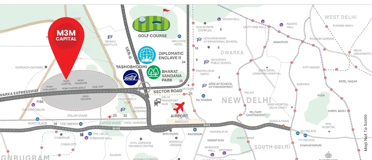 M3M Capital location map, Sector 113 on Dwarka Expressway near IGI Airport