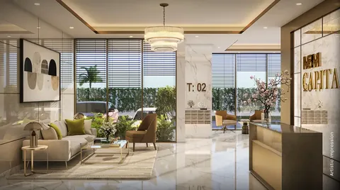 M3M Capital tower entrance lobby with lounge seating, artist's impression