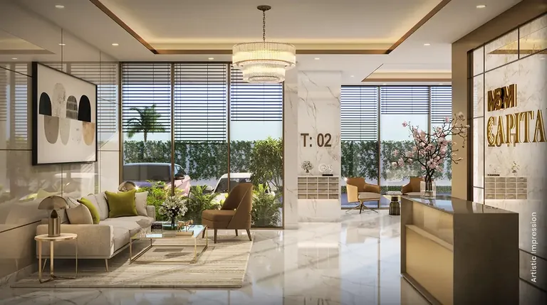 M3M Capital tower entrance lobby with lounge seating, artist's impression