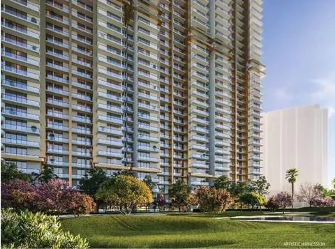 M3M Capital towers rising behind the landscaped central greens, artist's impression