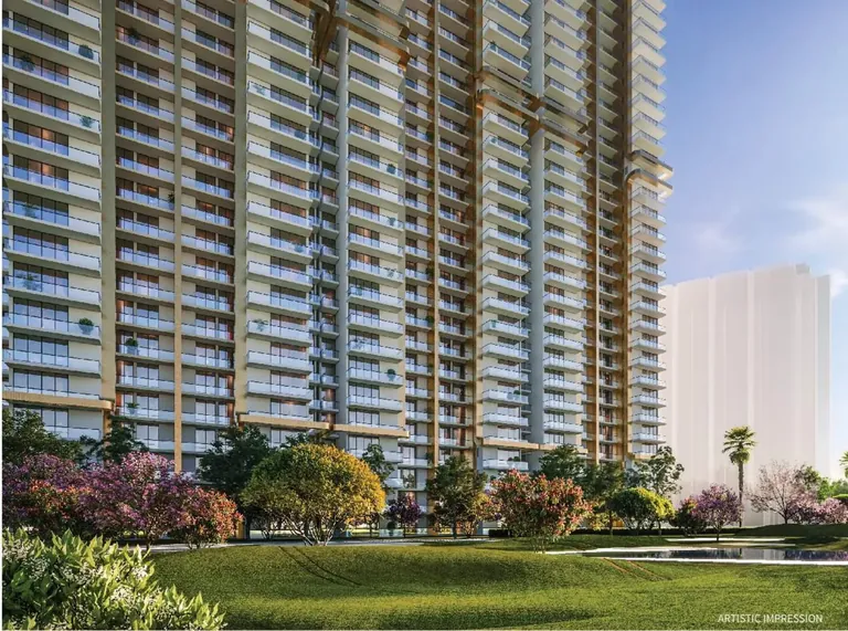 M3M Capital towers rising behind the landscaped central greens, artist's impression