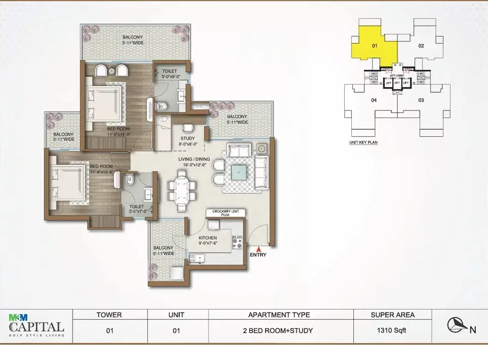 M3M Capital 2.5 BHK floor plan, 1,310 sq ft super area