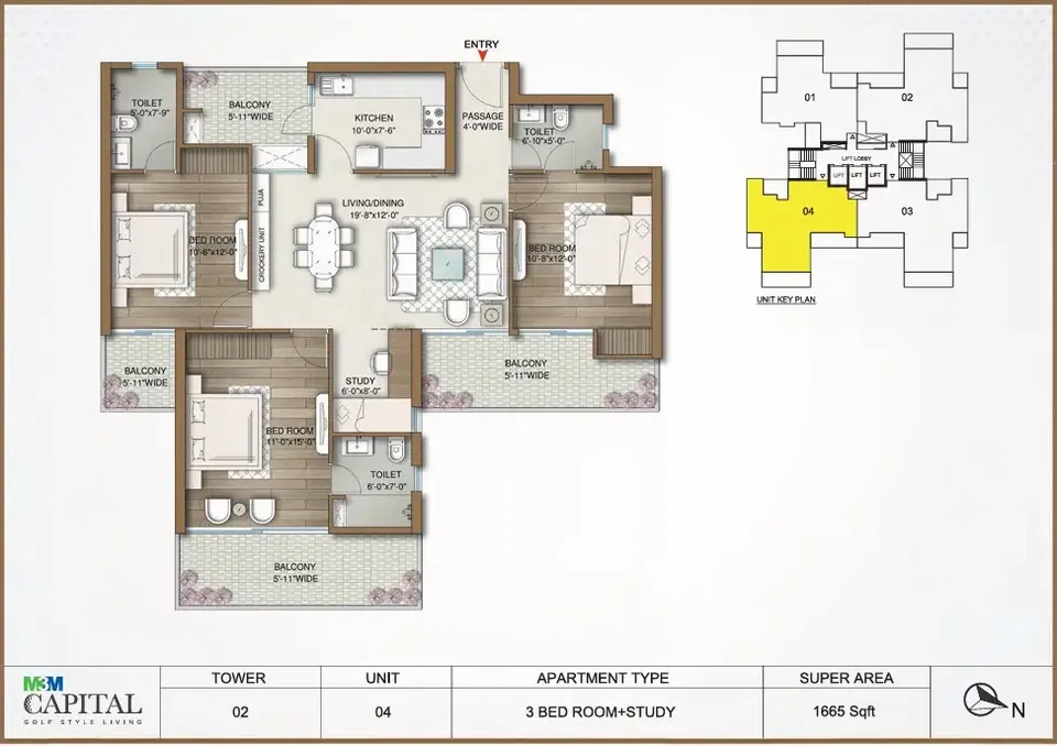 M3M Capital 3.5 BHK floor plan, 1,665 sq ft super area