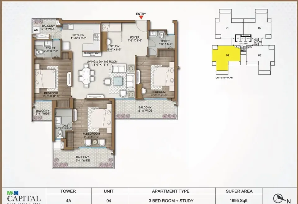 M3M Capital 3.5 BHK floor plan, 1,695 sq ft super area