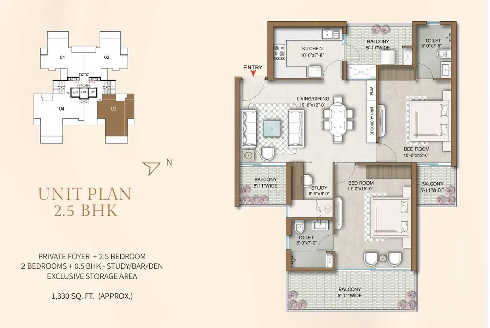M3M Capital 2.5 BHK (2 bedrooms + study) floor plan, 1,330 sq ft super area
