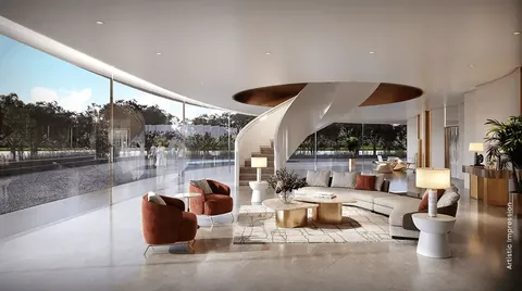 M3M Crown club lounge with sculpted ceiling and lake view, artist's impression